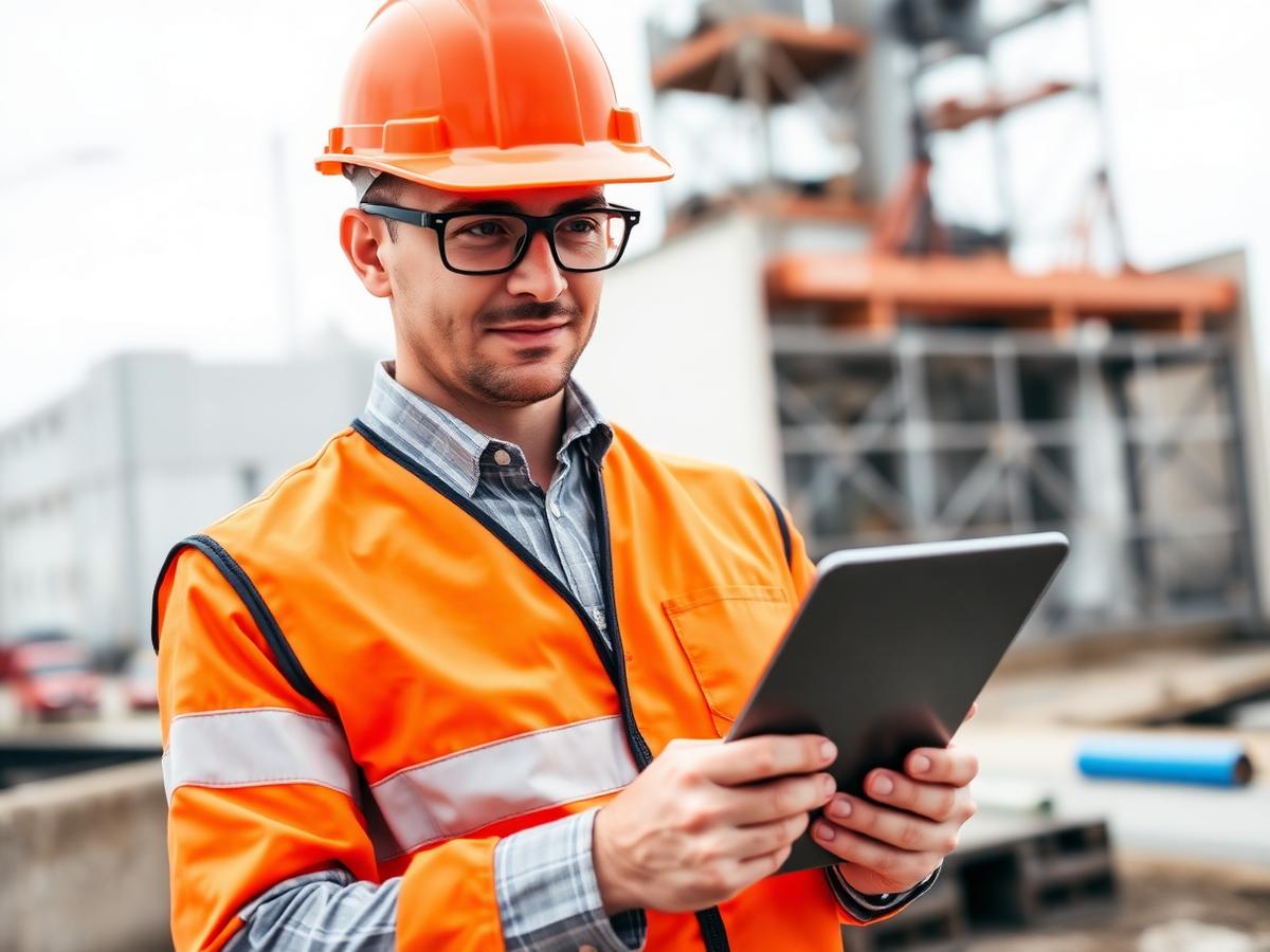 Site supervisor reviewing safety checks on tablet